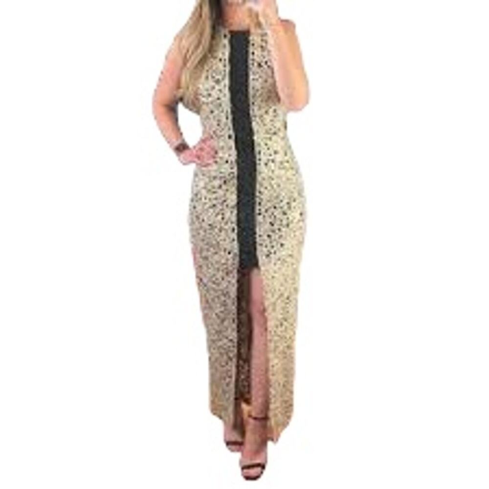 Badgley Mischka Y2K Black & Gold Metallic Beaded Gown Maxi Dress